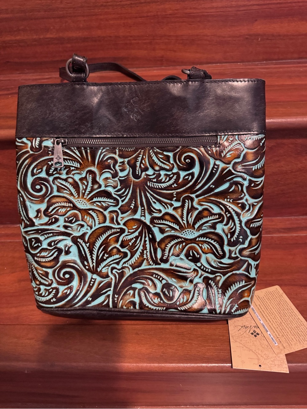 Patricia Nash Turquoise and Brown Tooled Leather Tote & backpack